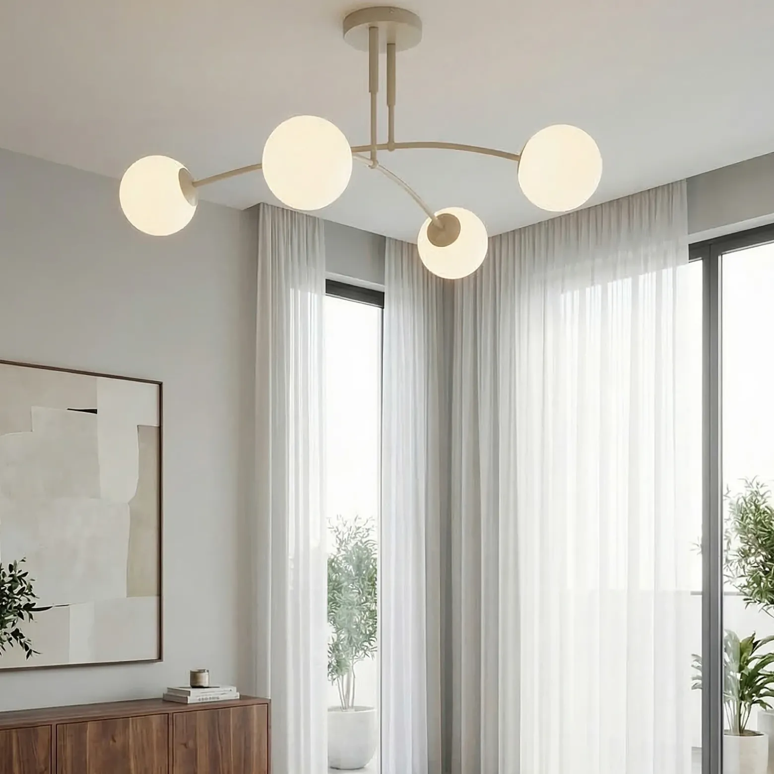 Plafón Pregos, beige, Ø 60 cm, 4 luces, metal/cristal