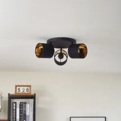 Plafón Vasilia de Lindby, 3 luces, negro/dorado, tela