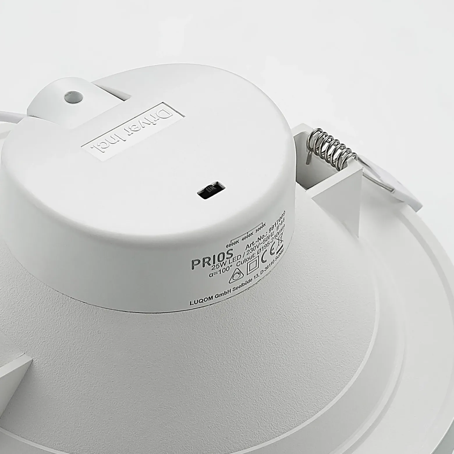 Prios foco empotrable LED Rida, blanco. Ø 23 cm, 25W, CCT, IP44