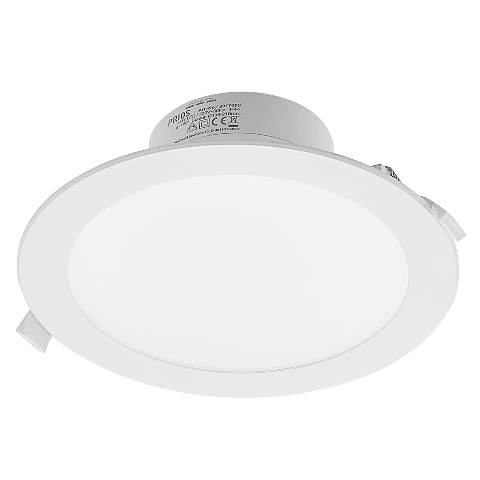 Prios foco empotrable LED Rida, blanco. Ø 23 cm, 25W, CCT, IP44