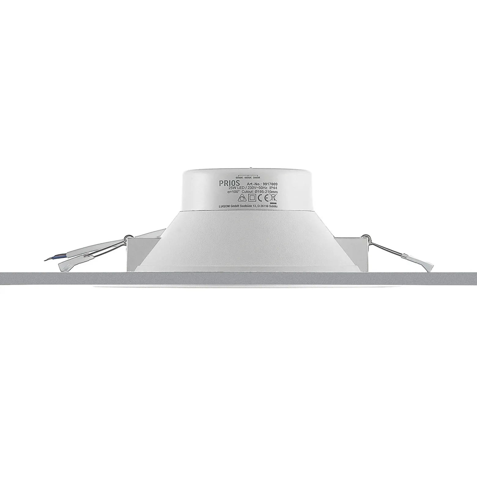 Prios foco empotrable LED Rida, blanco. Ø 23 cm, 25W, CCT, IP44