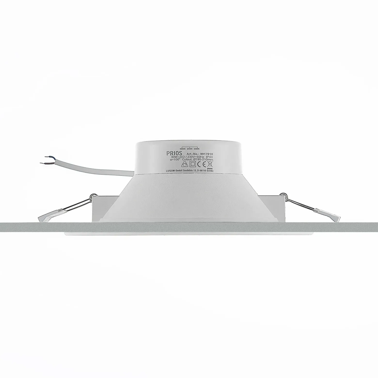 Prios foco empotrable LED Rida, blanco. Ø 23 cm, 30W, CCT, IP44