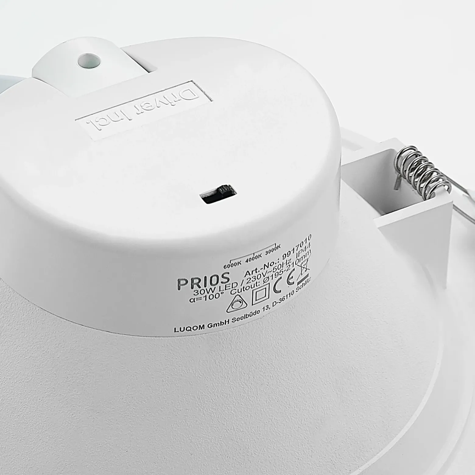 Prios foco empotrable LED Rida, blanco. Ø 23 cm, 30W, CCT, IP44