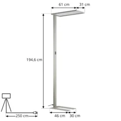 Prios lámpara de pie LED para oficina Taronis, plata, 195 cm, atenuable