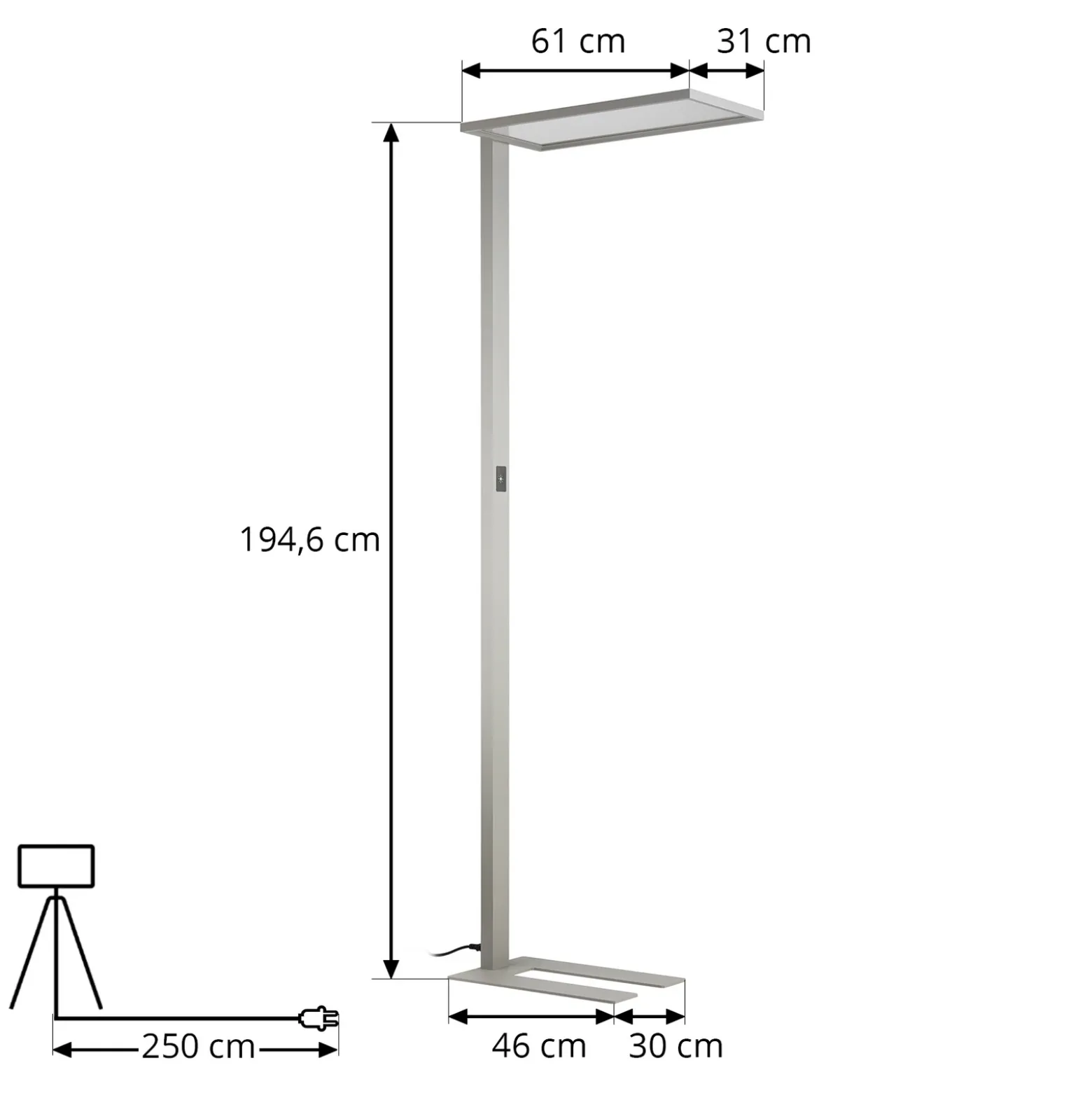 Prios lámpara de pie LED para oficina Taronis, plata, 195 cm, atenuable