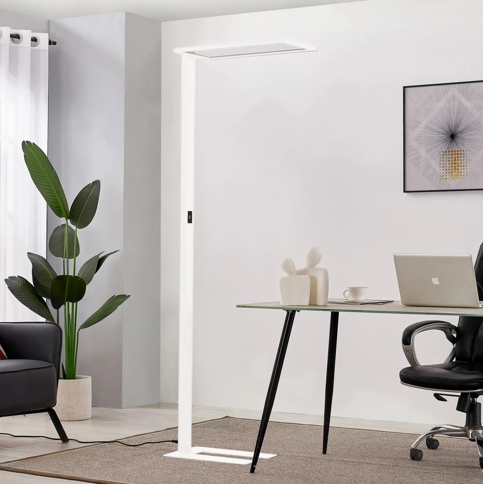 Prios lámpara de pie LED para oficina Taronis, blanca, 195 cm, atenuable
