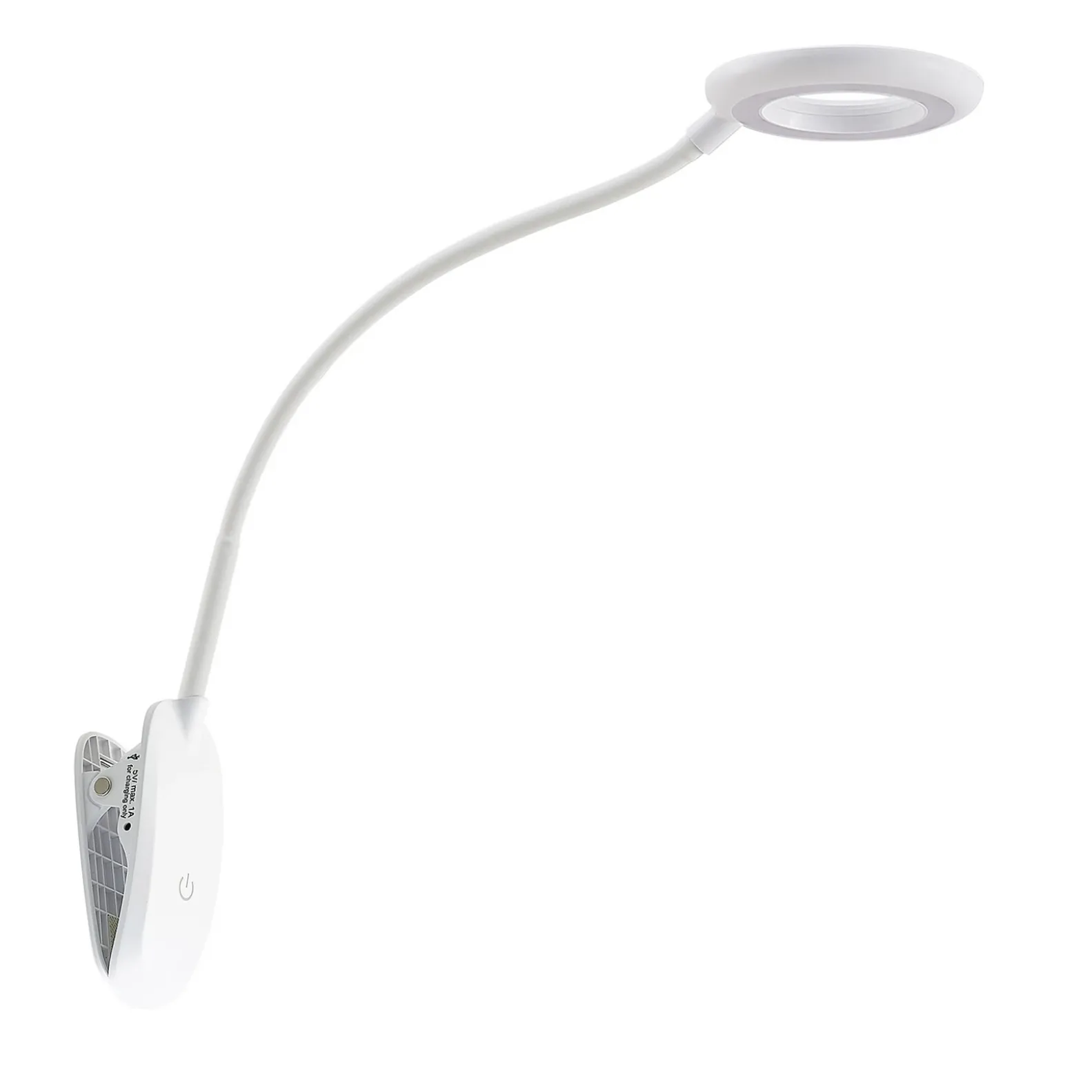 Prios lámpara de pinza LED Harumi, blanca, batería recargable, USB, 51 cm de