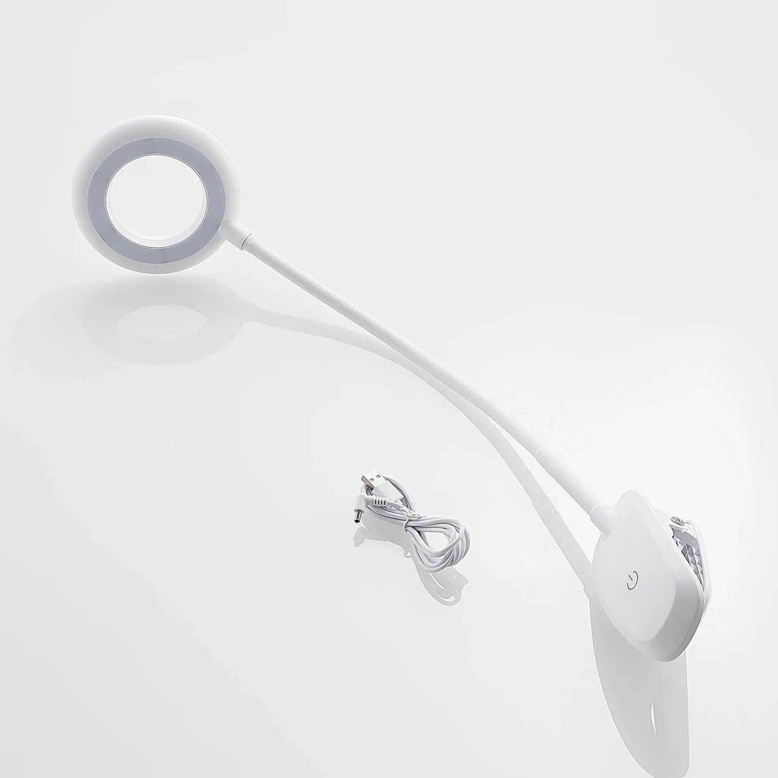 Prios lámpara de pinza LED Harumi, blanca, batería recargable, USB, 51 cm de