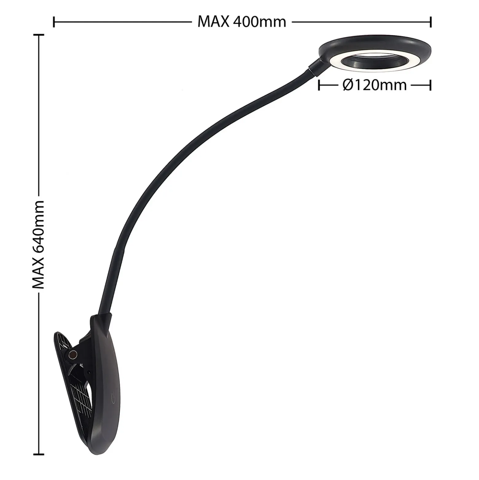 Prios lámpara de pinza LED Harumi, negra, batería recargable, USB, 51 cm