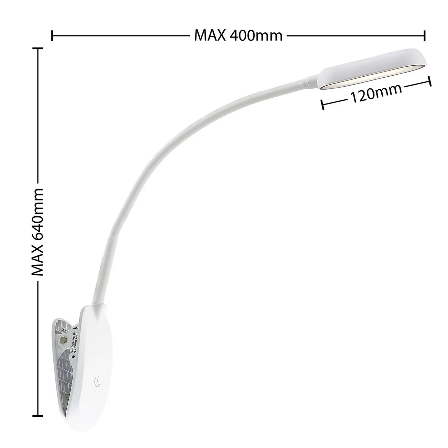 Prios lámpara de pinza LED Najari, altura 51 cm, blanco, batería recargable, USB