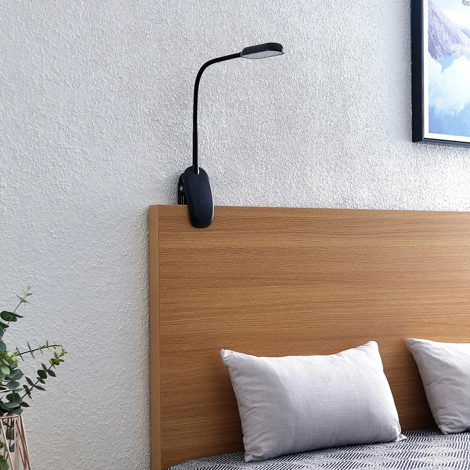 Prios lámpara de pinza LED Najari, negra, batería recargable, USB, 51 cm