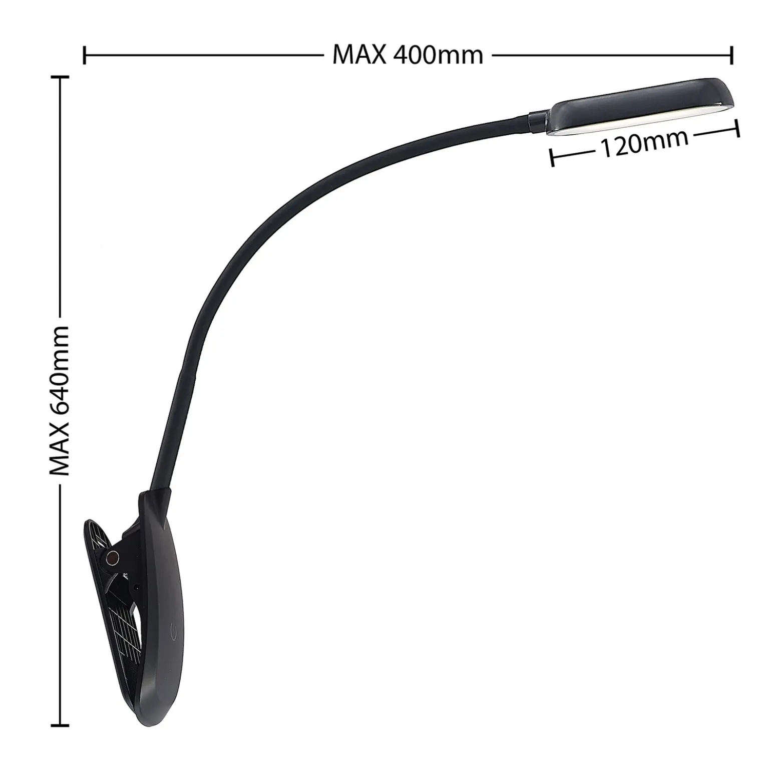 Prios lámpara de pinza LED Najari, negra, batería recargable, USB, 51 cm