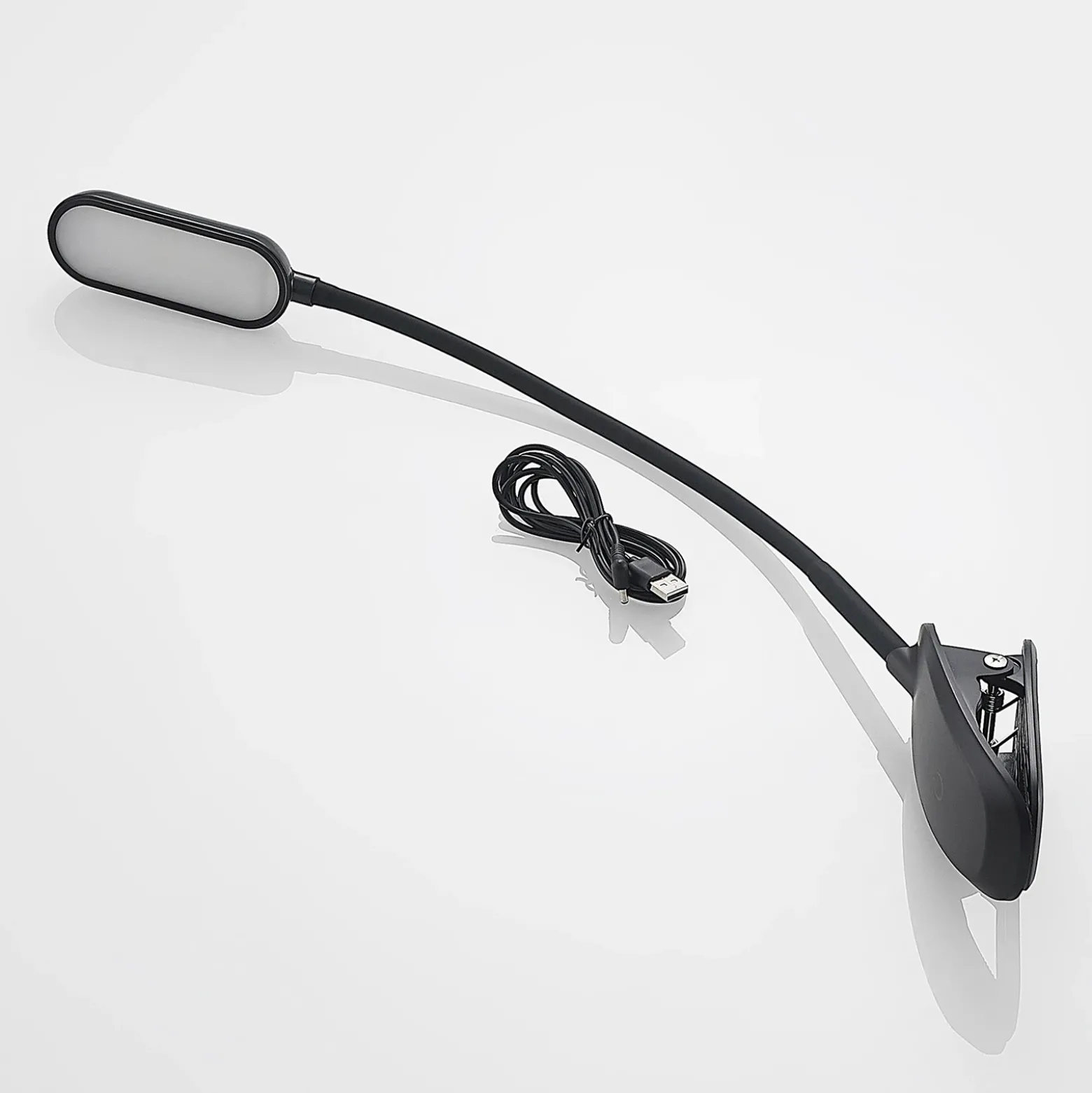 Prios lámpara de pinza LED Najari, negra, batería recargable, USB, 51 cm