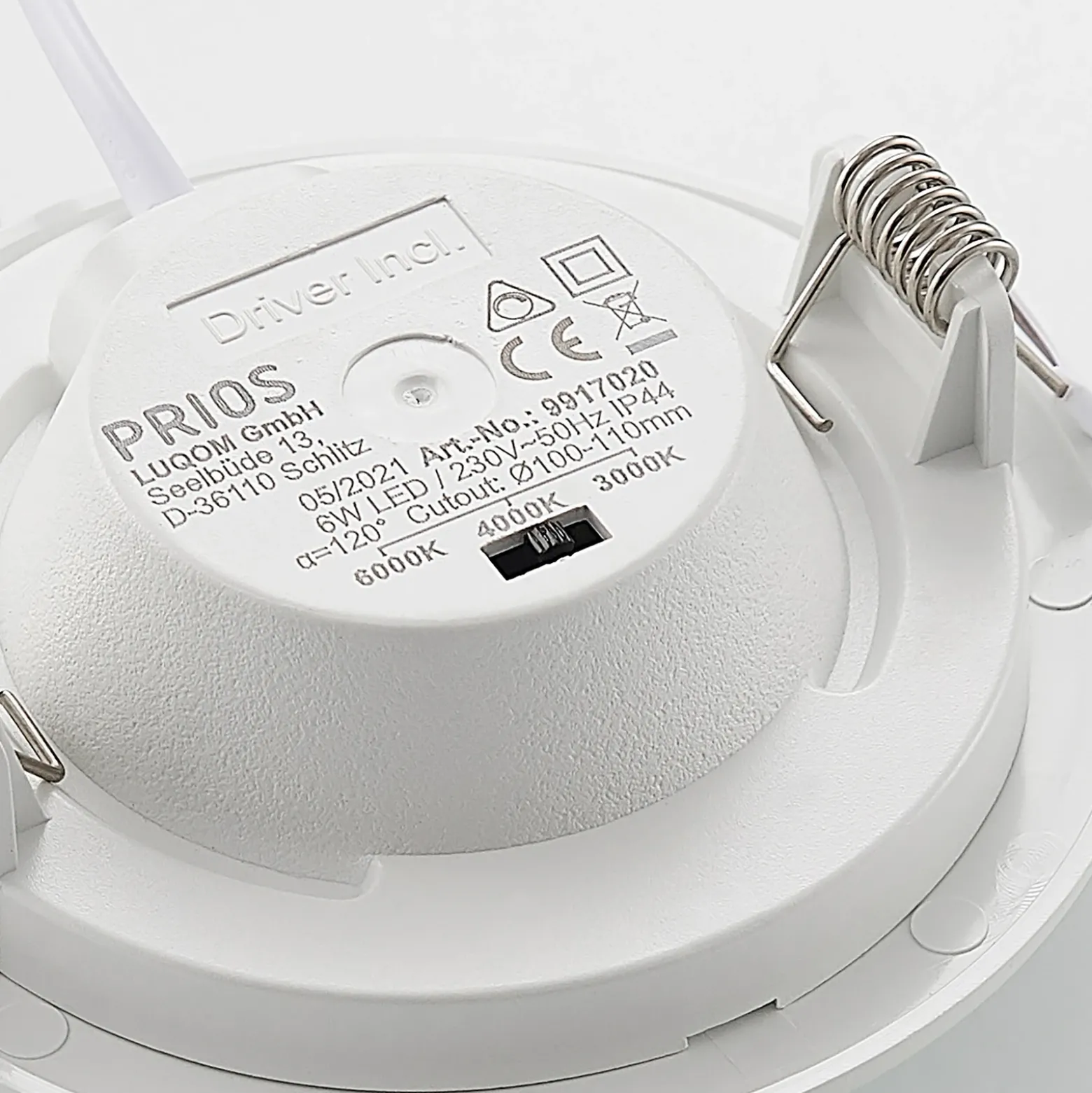 Prios lámpara empotrable LED Cadance, blanco, 12 cm, CCT, IP44