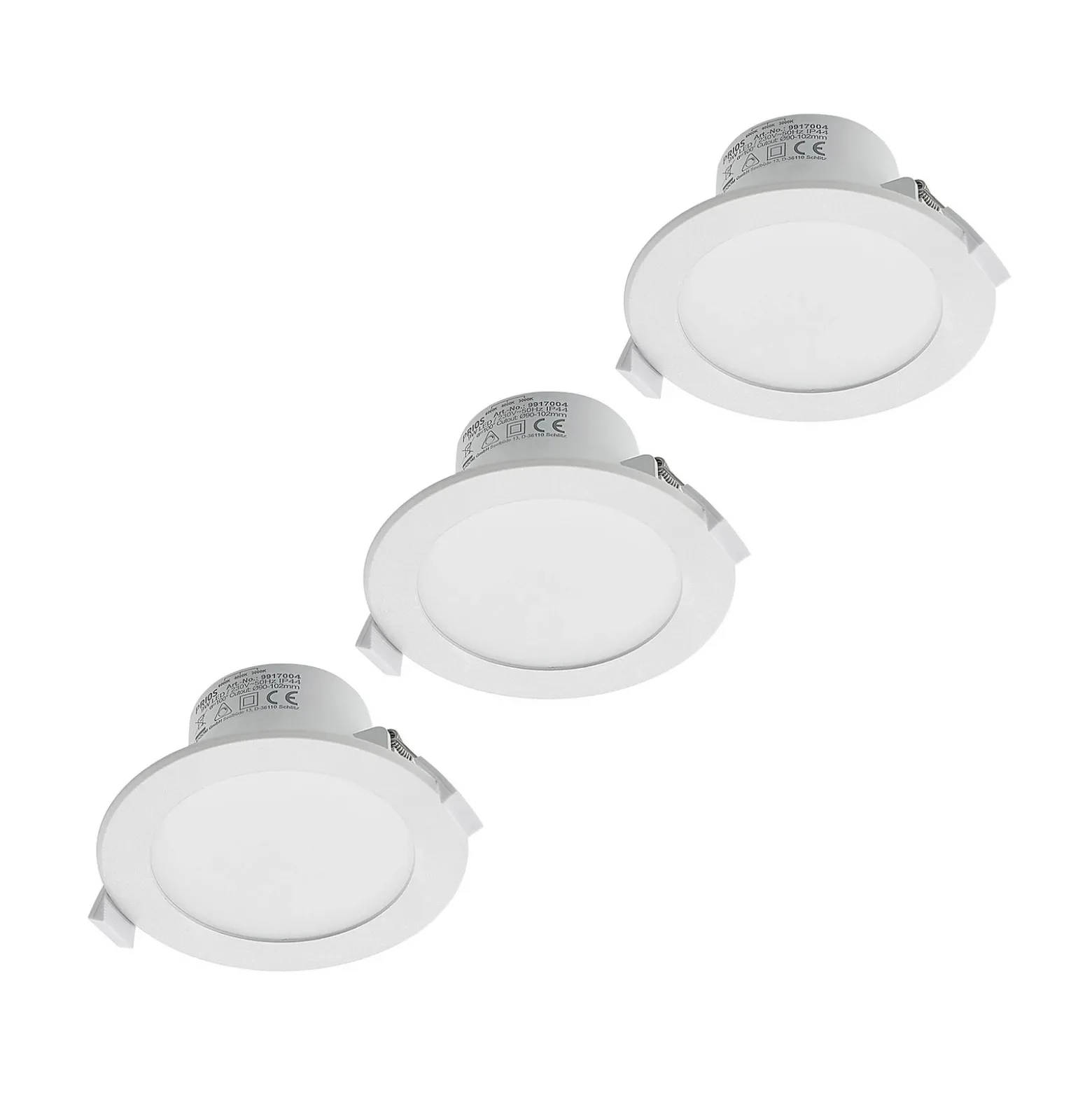 Prios lámpara empotrable LED Rida, juego de 3, blanco, 12 cm, CCT, IP44