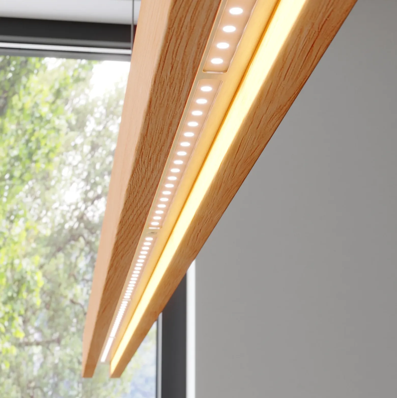 Quitani Lámpara colgante LED Alin, longitud 138 cm, roble natural