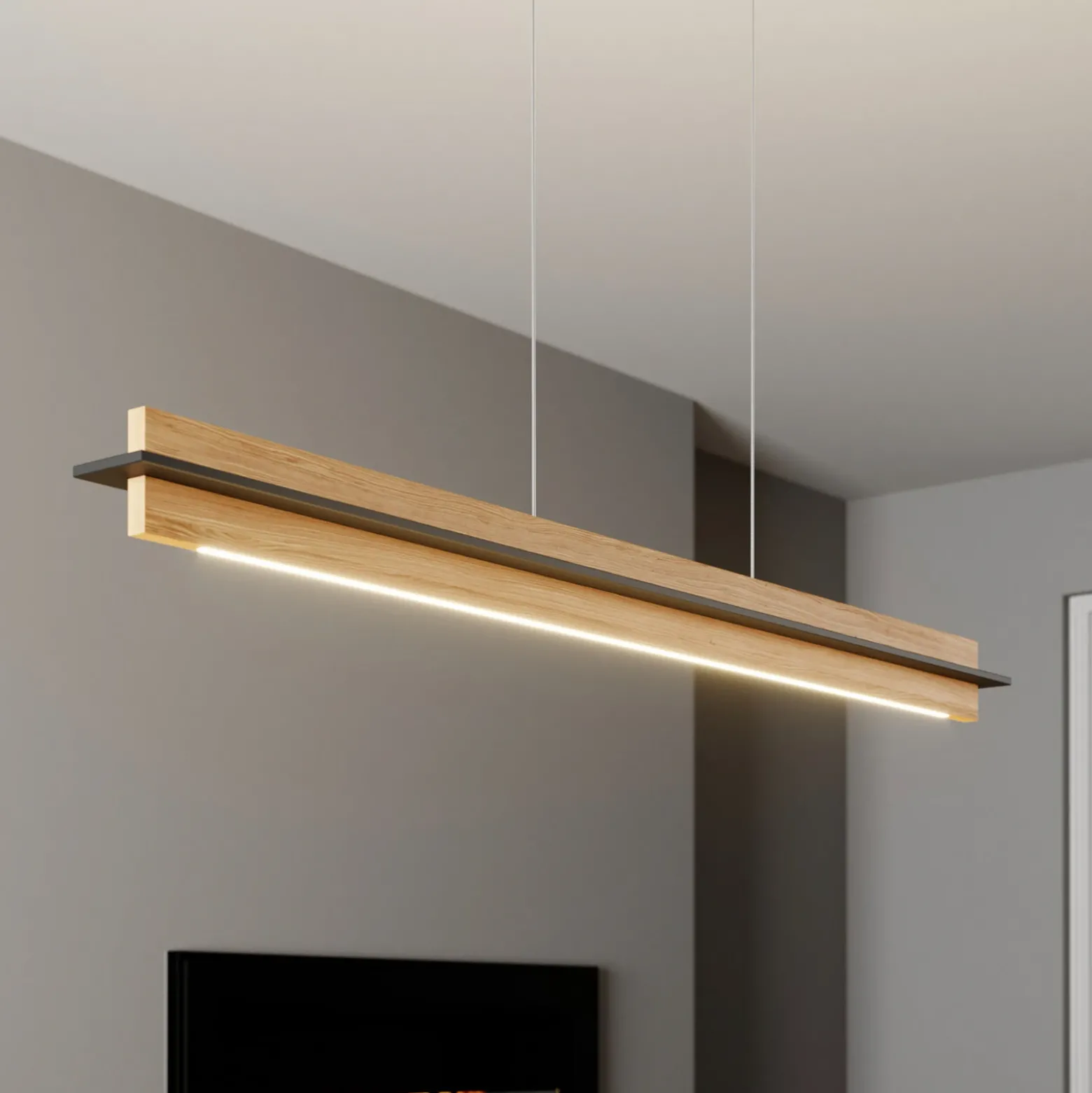 Quitani lámpara colgante LED Lexa, roble/negro, longitud 118 cm