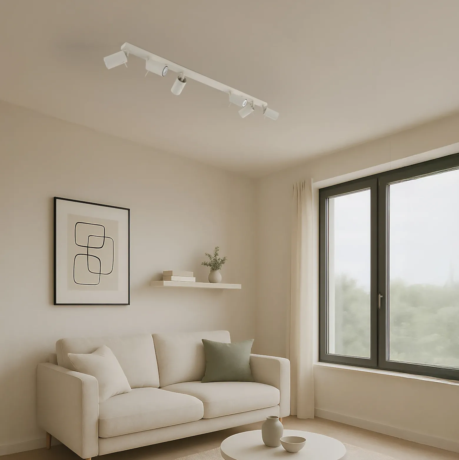 Ring downlight de techo, beige, longitud 117 cm, acero, 6 luces.