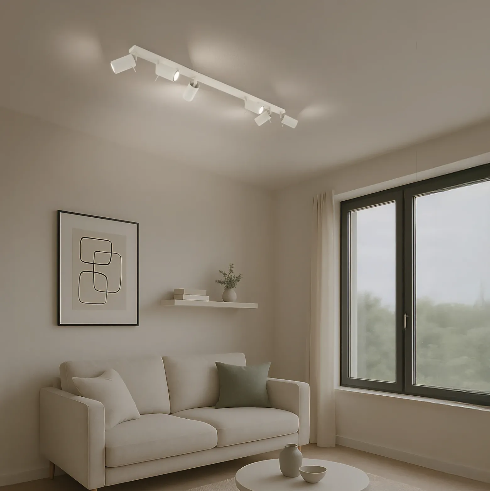 Ring downlight de techo, beige, longitud 117 cm, acero, 6 luces.