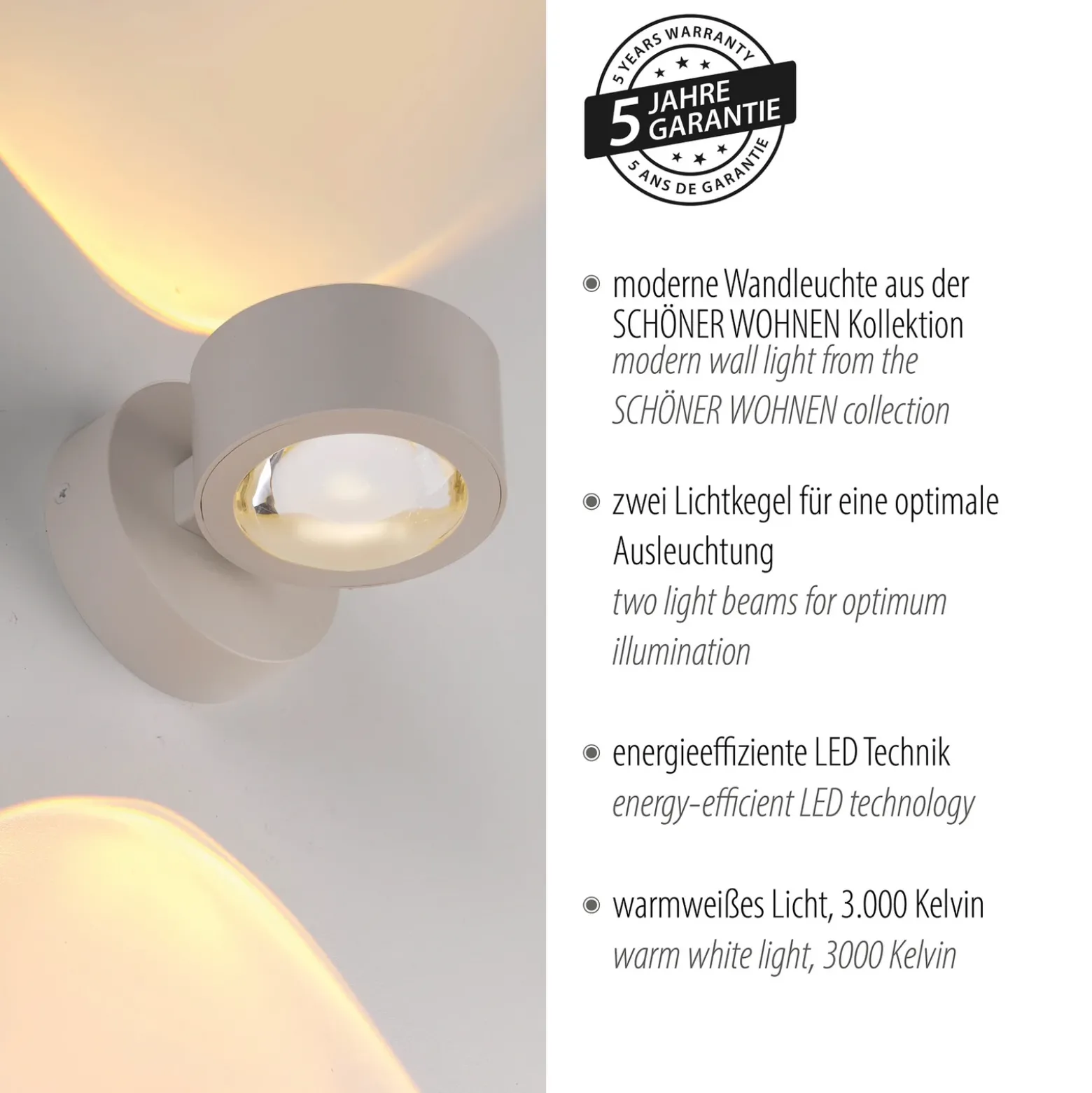 Schöner Wohnen aplique de pared LED Chia, arena 3000 K arriba/abajo