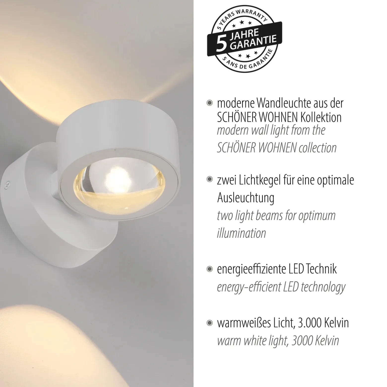 Schöner Wohnen Aplique de pared LED Chia, blanco, 3000 K, arriba/abajo