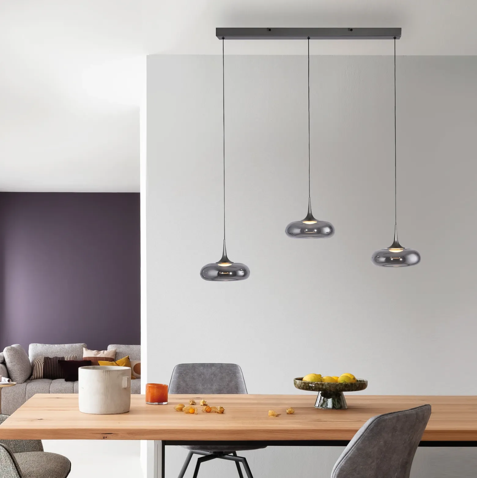 SCHÖNER WOHNEN Lámpara colgante LED Posh 3 luces, cristal ahumado, 3000 K