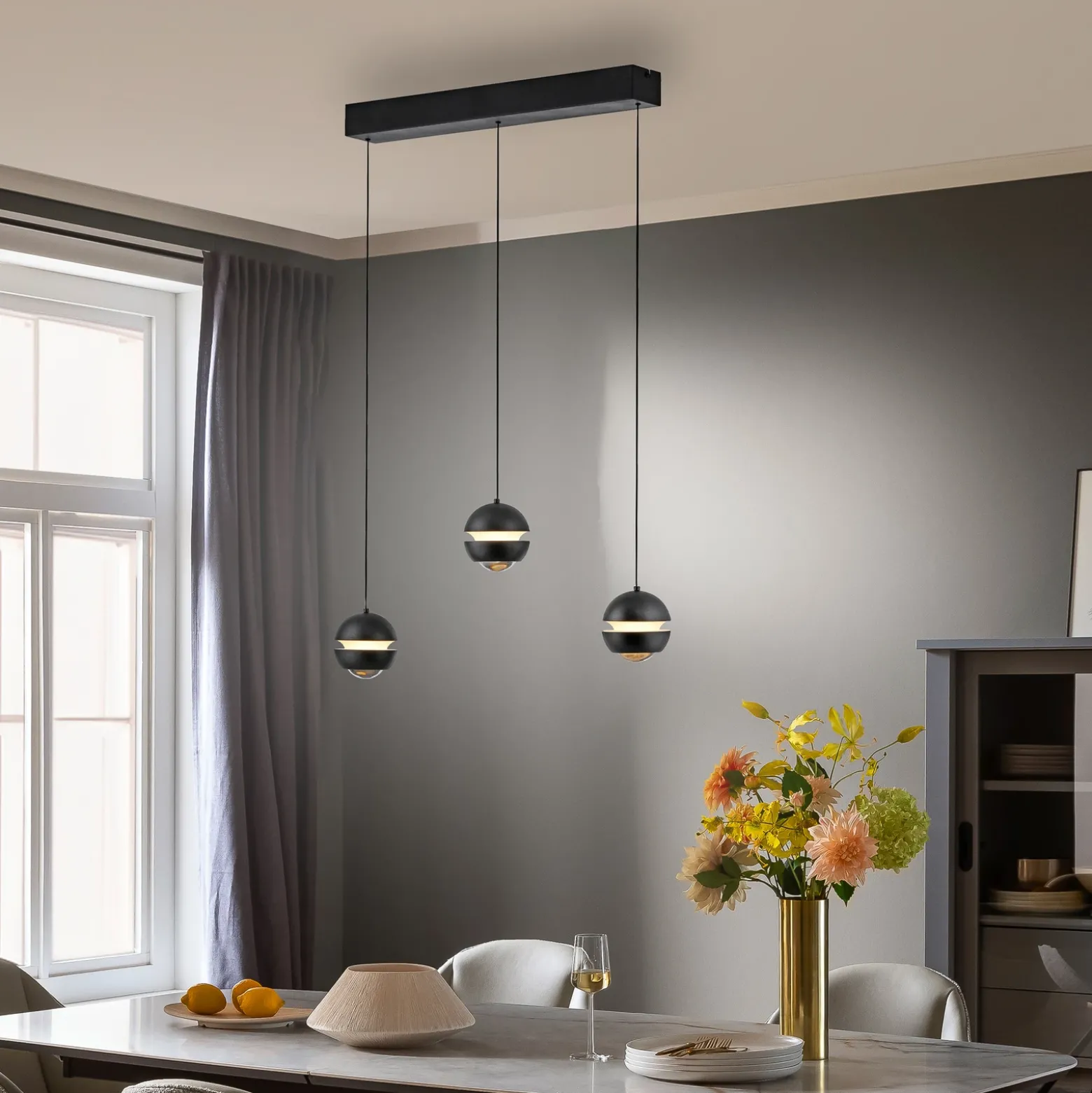 SCHÖNER WOHNEN Lámpara colgante LED Lini negra 3 luces larga 3000 K