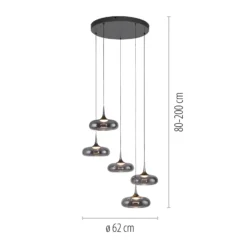 SCHÖNER WOHNEN Lámpara colgante LED Posh 5 luces, cristal ahumado, 3000 K