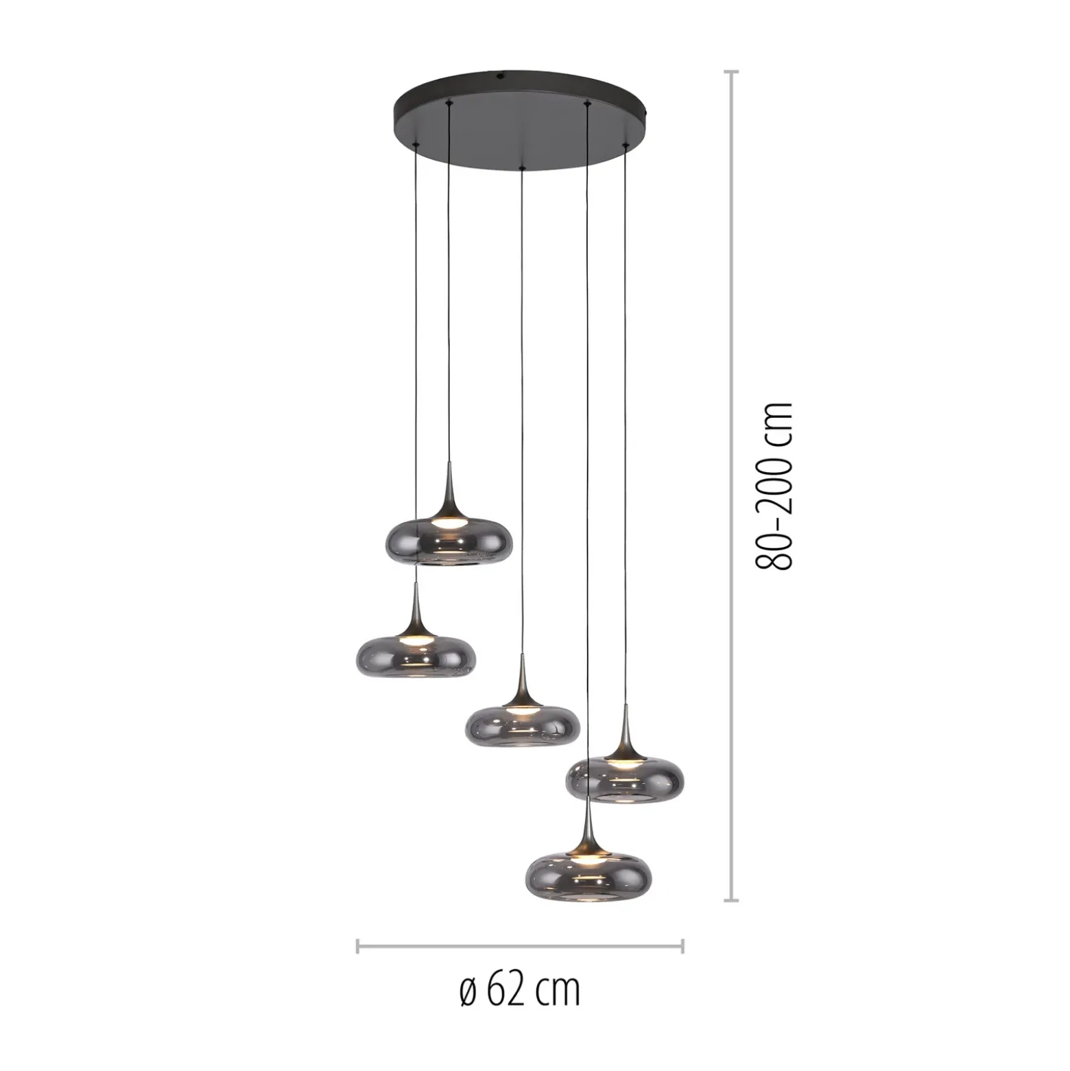 SCHÖNER WOHNEN Lámpara colgante LED Posh 5 luces, cristal ahumado, 3000 K