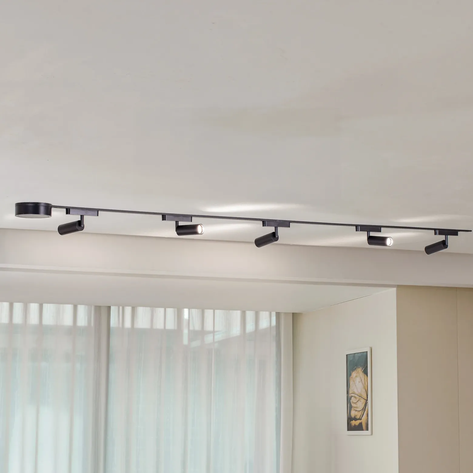 Sistema de rieles de 48 V, focos Lumaro de 5 luces, negros, Ø 4 cm, atenuables