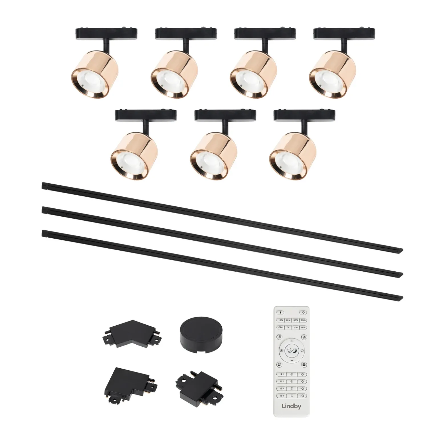 Sistema de rieles Lumaro, focos, 7 luces, dorado, Ø 8 cm, 48 V, atenuables