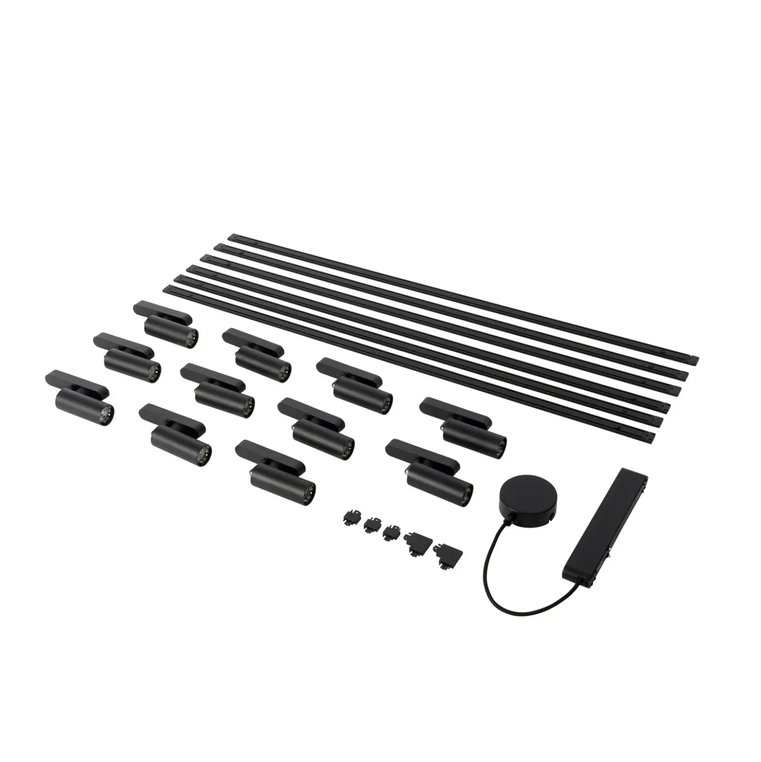 Sistema de riel 48 V Lumaro, focos, 11 luces, negro, Ø 4 cm, atenuable