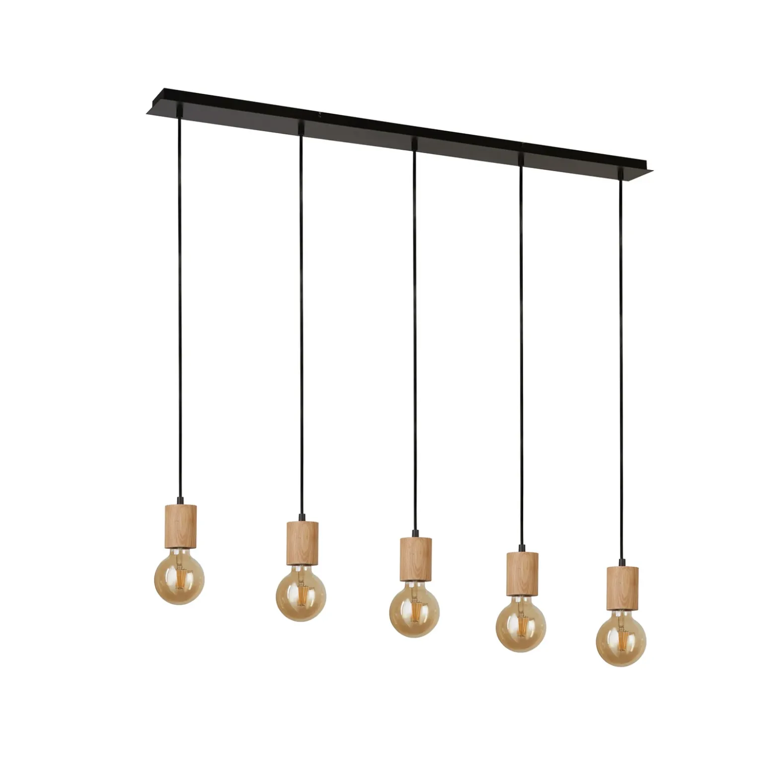 Spinny lámpara colgante lineal, 115 cm, 5 luces, madera de caucho, E27