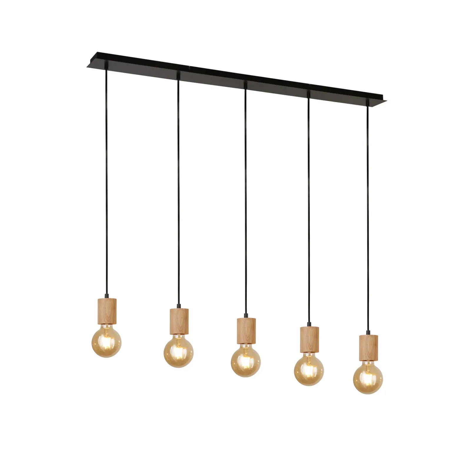 Spinny lámpara colgante lineal, 115 cm, 5 luces, madera de caucho, E27