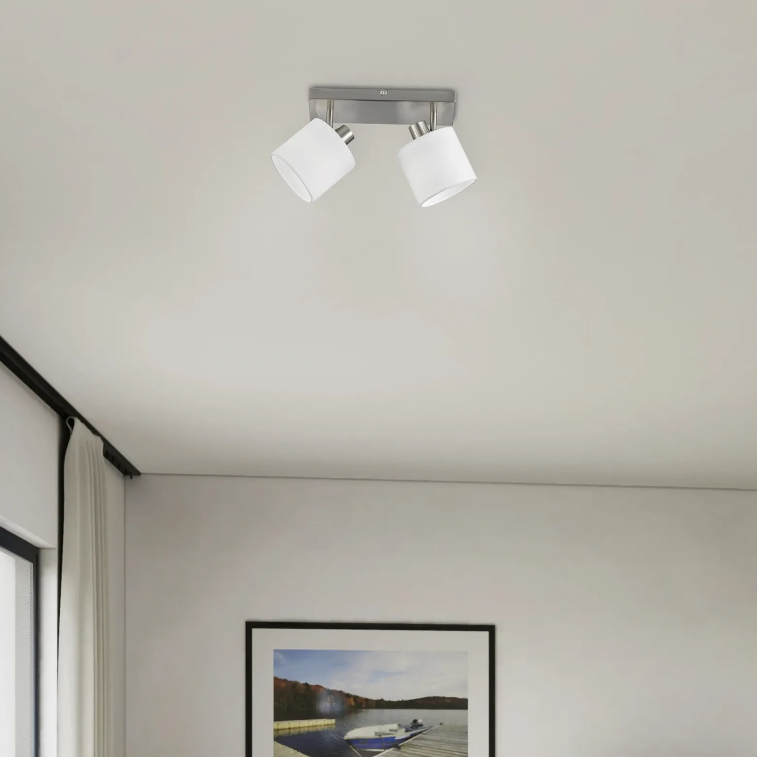 Tommy downlight de techo, níquel/blanco, longitud 28 cm, 2 luces de tela