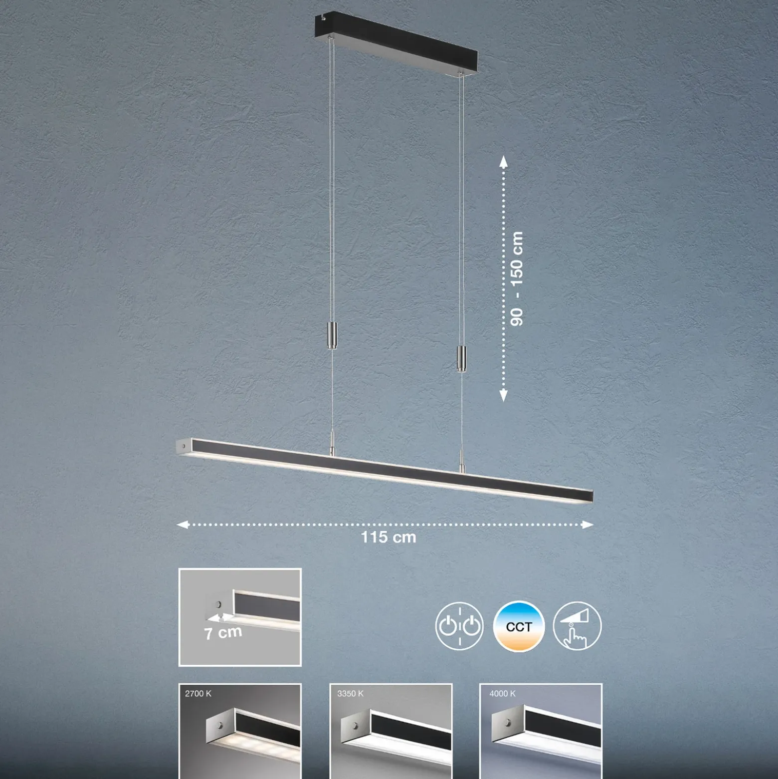 Vitan lámpara colgante LED, negro arena, longitud 115 cm, 2 luces, CCT